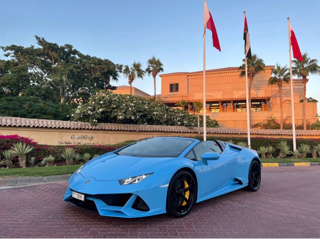 Lamborghini Huracan Evo Spyder Sky Blue 2021 for rent Dubai