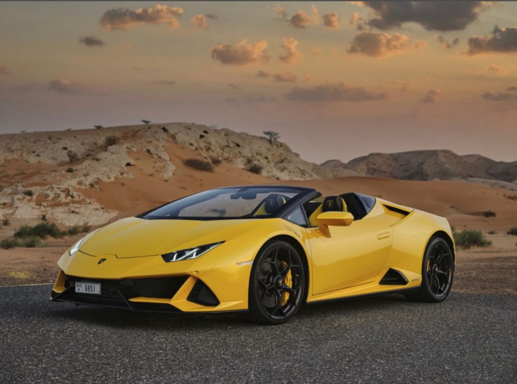 Lamborghini Huracan Evo Spyder yellow 2020 for rent Dubai