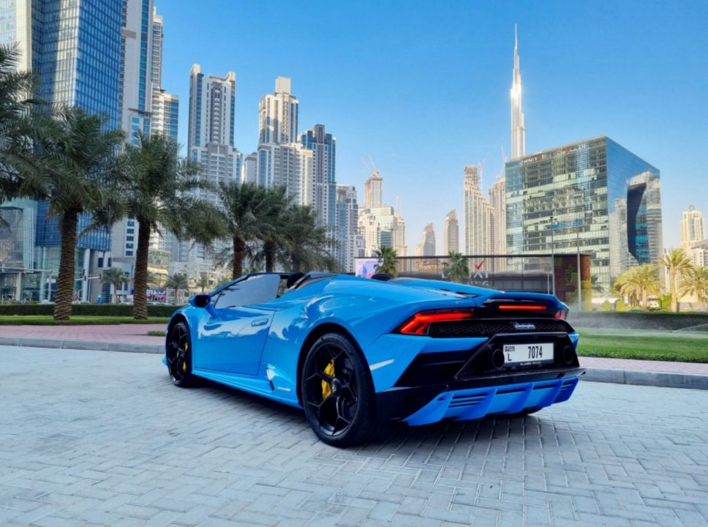 Lamborghini Huracan Evo Spyder Blue 2022 for rent Dubai